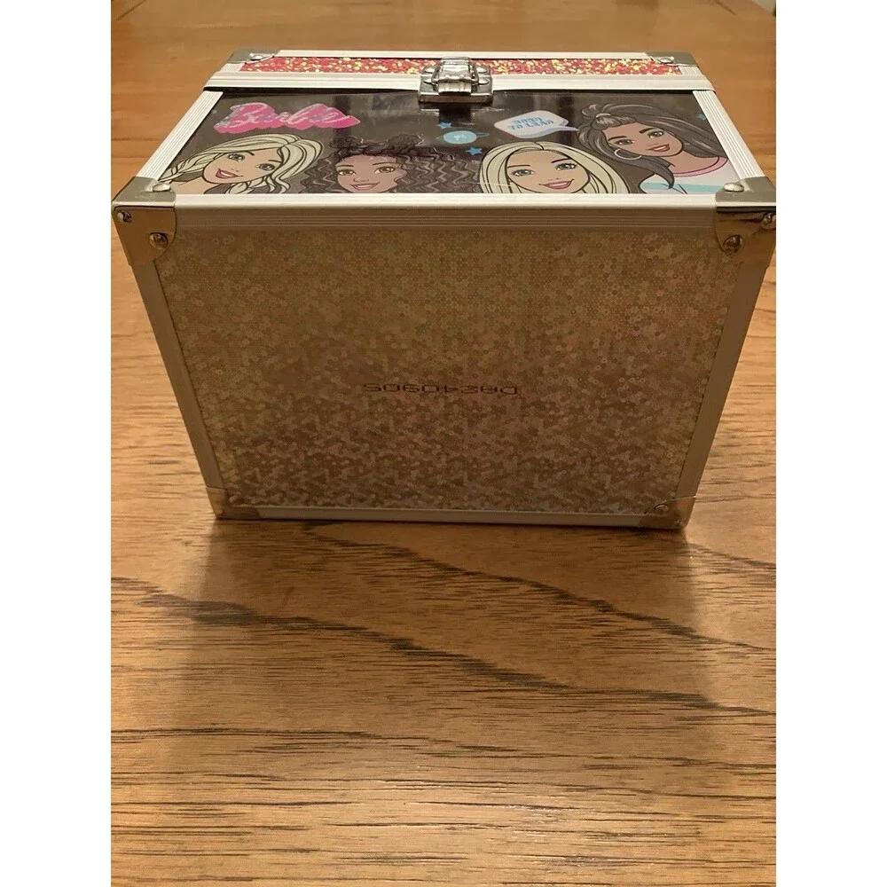 Barbie Metal Jewelry Box Silver/Pink Rectangular Carry Case w/ Handle Latch